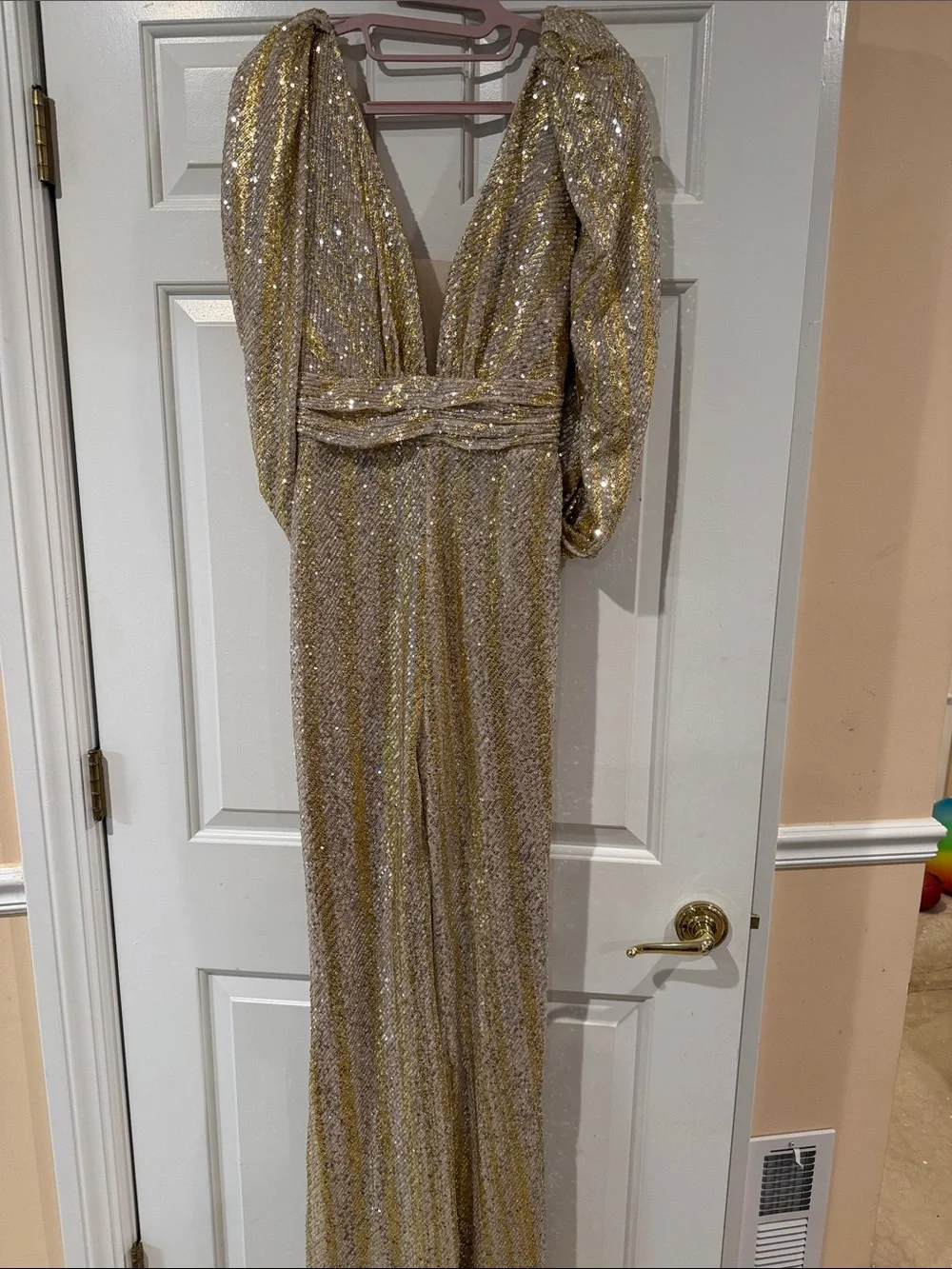 Tarik Ediz Gold Sequin Evening Dress